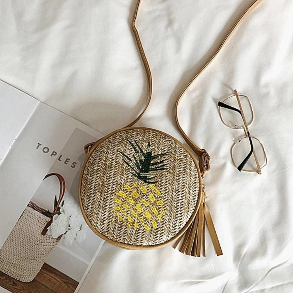 Tropical Pineapple Embroidered Round Straw Crossbody Bag - Picture 3 of 16